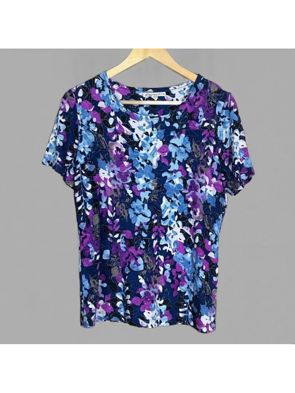JM Collection Women's Casual Purple Navy Floral Print Short Sleeve Blouse Top PM